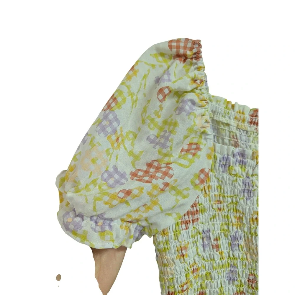 Loft Gingham Flower Puff Sleeve Dress Mini Smocked Cute Girlie‎ Pastel Medium